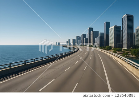 沿著大海和摩天大樓的城市高速公路全景 128540895