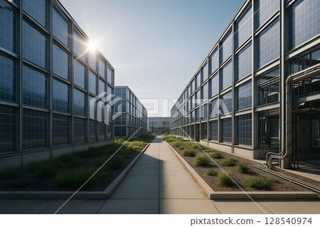 An industrial facility lined with solar panels and a well-maintained walkway An industrial facility lined with solar panels and a well-maintained walkway 128540974