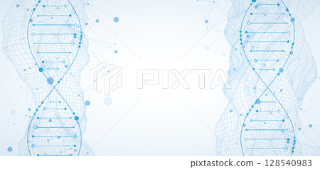 Abstract image of DNA molecule on wireframe wave. Scientific vector background. Abstract image of DNA molecule on wireframe wave. Scientific vector background. 128540983