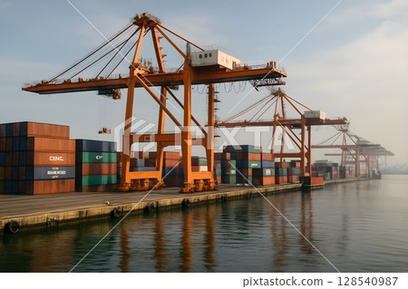Large cranes and colorful containers stacked in the port 128540987