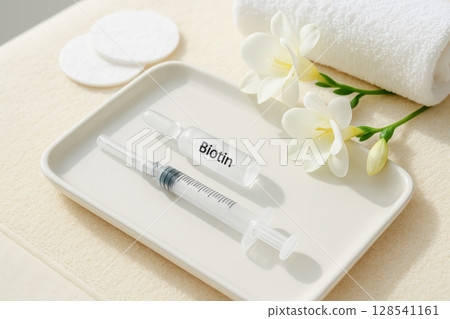 Biotin Ampoule And Syringe On White Tray With Flowers And Towels For Beauty Treatment Visuals. Concept Of Hair And Skin Health, Aesthetic Injections, Vitamin Therapy, And Modern Cosmetology Services 128541161