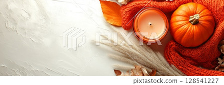 Autumn Flat Lay with Pumpkins, Candles, and Leaves Autumn Flat Lay with Pumpkins, Candles, and Leaves 128541227