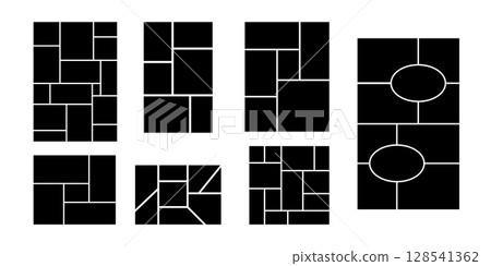 Photo frame or card template with brand layout and black square grid illustration. Use for moodboard or collage picture in a simple abstract design. Photo frame or card template with brand layout and black square grid illustration. Use for moodboard or collage picture in a simple abstract design. 128541362