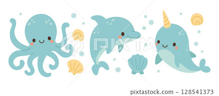 Joyful narwhal, dolphin, and octopus swim through floating shells and bubbles, great for aquatic fantasy illustrations, whale decor, and ocean-themed kids art 128541373