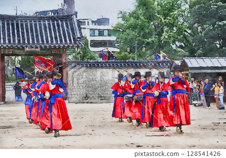 Red-clad guards appearing at the changing of the guard ceremony at Gyeongbokgung Palace in Seoul (AI generated from original image) 128541426