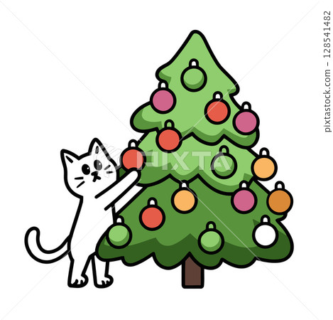 White Cat Reaching for Ornament on Decorated Christmas Tree 128541482