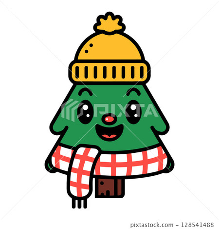 Cartoon Christmas Tree Wearing Hat and Scarf with Smiling Face Cartoon Christmas Tree Wearing Hat and Scarf with Smiling Face 128541488