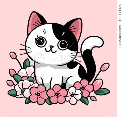 Cartoon Black and White Cat Sitting Among Pink Flowers Cartoon Black and White Cat Sitting Among Pink Flowers 128541489