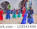 A performance scene from the changing of the guard ceremony at Gyeongbokgung Palace in Seoul (AI generated from original image) 128541490