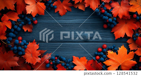Autumn Grapes and Leaves on Blue Wooden Background Autumn Grapes and Leaves on Blue Wooden Background 128541532