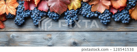 Autumn Fruits And Leaves On Rustic Wooden Background 128541538