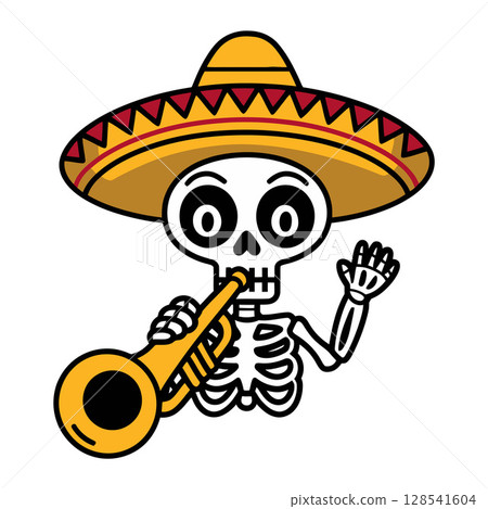 Cartoon Skeleton in Sombrero Playing Trumpet and Waving 128541604