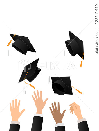 Graduating students hands in gowns throwing graduation caps in air stock illustration 128541630