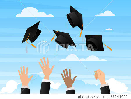 Graduation caps being thrown in the air against a blue sky with white clouds stock illustration 128541631