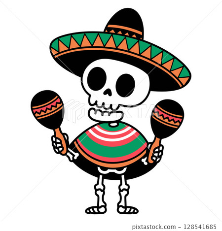 Skeleton in Sombrero and Poncho Holding Maracas 128541685