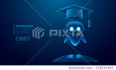Abstract Hologram of AI Robot in Graduation Cap Fly Over Book Abstract Hologram of AI Robot in Graduation Cap Fly Over Book 128541693