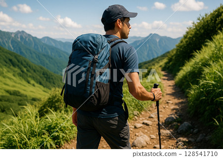 A man wearing a backpack walking along a mountain trail in summer A man wearing a backpack walking along a mountain trail in summer 128541710