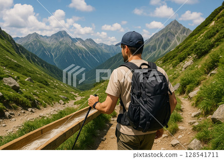 A man wearing a backpack walking along a mountain trail in summer A man wearing a backpack walking along a mountain trail in summer 128541711