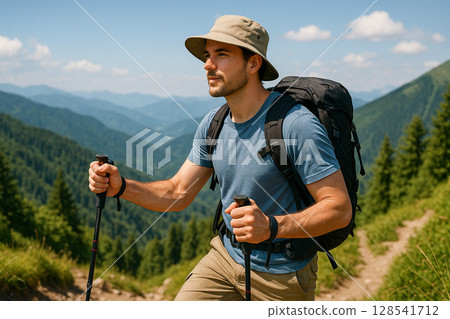 A man wearing a backpack walking along a mountain trail in summer 128541712