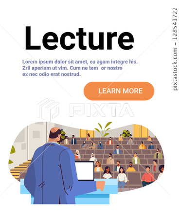 Lecture hall university professor teaching diverse students classroom audience academic education scene modern interior website banner 128541722