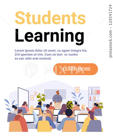 Students classroom teacher back to school education diverse group laptops indoor plants bookshelves modern flat design website banner Students classroom teacher back to school education diverse group laptops indoor plants bookshelves modern flat design website banner 128541724