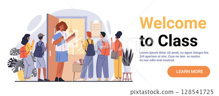 Teacher welcoming students back to school classroom entrance group diverse children backpacks indoor plants modern flat website banner Teacher welcoming students back to school classroom entrance group diverse children backpacks indoor plants modern flat website banner 128541725