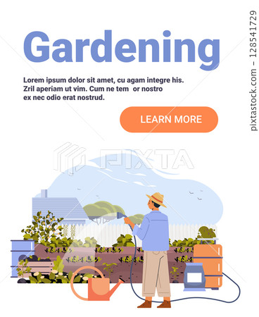 Gardening man watering plants backyard garden landscape hose watering can barrels trees fence flat design website banner 128541729
