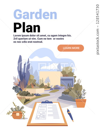 Garden planning landscape design blueprint clipboard pen modern backyard plants outdoor scene website banner 128541730