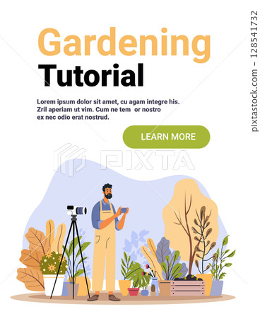 Gardening tutorial man recording video camera tripod plants foliage outdoor scene modern flat website banner 128541732
