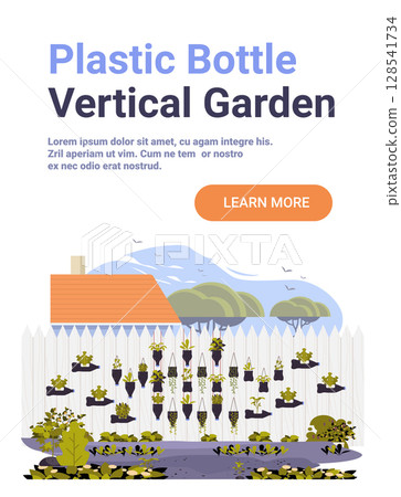Plastic bottle vertical garden eco-friendly upcycling concept backyard fence with hanging recycled planters green plants house trees outdoor scene Plastic bottle vertical garden eco-friendly upcycling concept backyard fence with hanging recycled planters green plants house trees outdoor scene 128541734