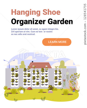 Hanging shoe organizer garden vertical planter creative backyard scene with plants on fence outdoor landscape home gardening concept website banner Hanging shoe organizer garden vertical planter creative backyard scene with plants on fence outdoor landscape home gardening concept website banner 128541735