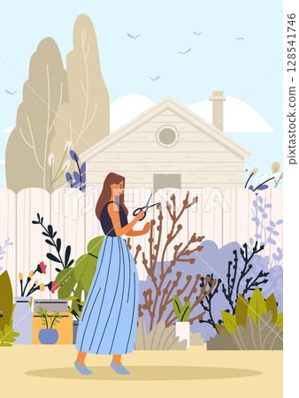 Woman gardening backyard plants spring pruning outdoor activity peaceful landscape cottage fence potted flowers colorful foliage blue sky website banner 128541746