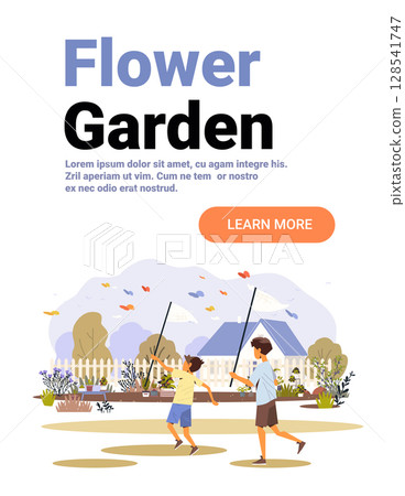 Children catching butterflies flower garden outdoor activity backyard plants colorful butterflies trees house picket fence landscape website banner 128541747