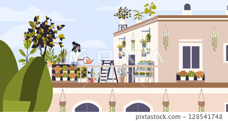 Urban rooftop garden woman watering plants outdoor terrace potted flowers green leaves modern house blue sky landscape balcony gardening 128541748