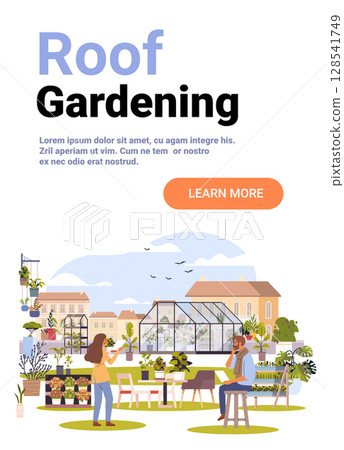 Roof gardening urban greenhouse plants people relaxing rooftop terrace outdoor nature modern cityscape website banner 128541749
