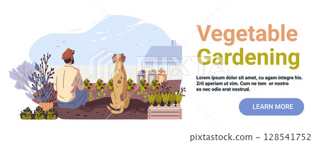 Vegetable gardening man dog backyard plants nature outdoor garden beds house fence website banner template Vegetable gardening man dog backyard plants nature outdoor garden beds house fence website banner template 128541752