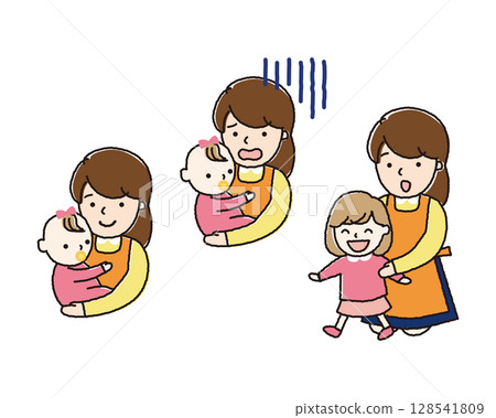 A mother holding a baby / Illustration of a female nursery teacher raising a child 128541809