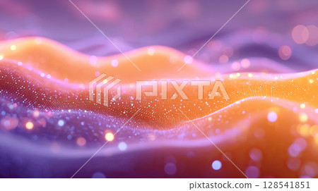 Abstract gradient particle waves seamlessly flowing with soft purple light and bokeh. Orange and blue digital waves. Technology, engineering, science, and artificial intelligence background 128541851