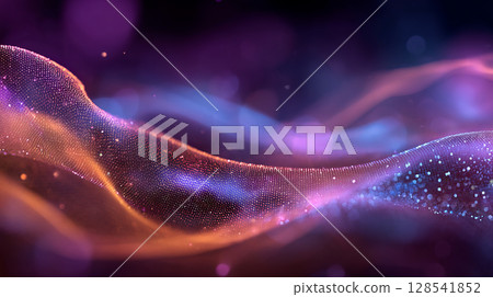 Abstract gradient particle waves seamlessly flowing with soft purple light and bokeh. Orange and blue digital waves. Technology, engineering, science, and artificial intelligence background 128541852