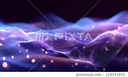 Abstract gradient particle waves seamlessly flowing with soft purple light and bokeh. Orange and blue digital waves. Technology, engineering, science, and artificial intelligence background Abstract gradient particle waves seamlessly flowing with soft purple light and bokeh. Orange and blue digital waves. Technology, engineering, science, and artificial intelligence background 128541855