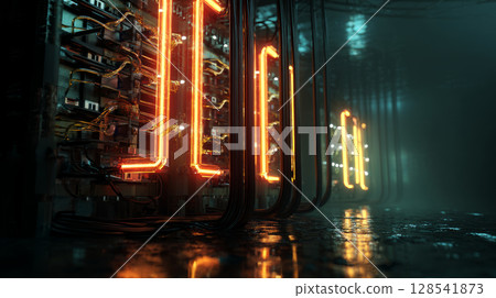 Advanced Technology Visualization: processor microchip starting artificial intelligence digitalization of neural networking and Cloud Computing. Digital lines move data, quantum computer interior, 128541873