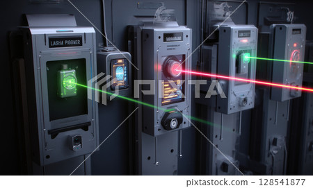 Advanced security system with lasers, biometric scanners, and digital locks Advanced security system with lasers, biometric scanners, and digital locks 128541877