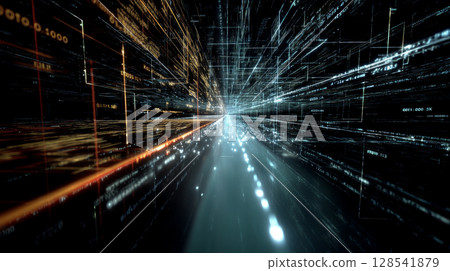 Virtual reality data stream tunnel, glowing wires and code. Virtual abstract fantasy cyber reality room. chars data stream live. Online reality concept. Blue color. 128541879