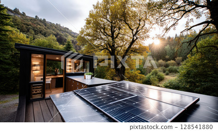 rustic wooden eco-friendly house with solar panels on the roof surrounded by green nature. Solar panels on a mountain cabin, surrounded by lush forest, showcasing sustainable living. rustic wooden eco-friendly house with solar panels on the roof surrounded by green nature. Solar panels on a mountain cabin, surrounded by lush forest, showcasing sustainable living. 128541880