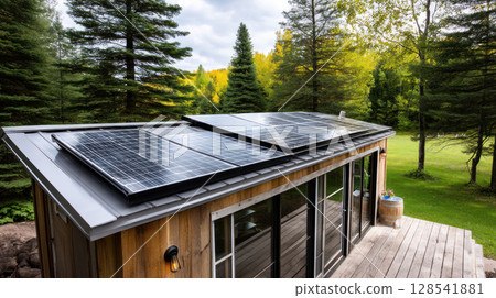 rustic wooden eco-friendly house with solar panels on the roof surrounded by green nature. Solar panels on a mountain cabin, surrounded by lush forest, showcasing sustainable living. 128541881
