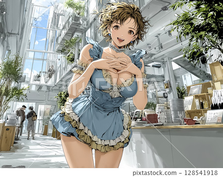 Maid cafe - illustration of a woman saying "Welcome home" 128541918