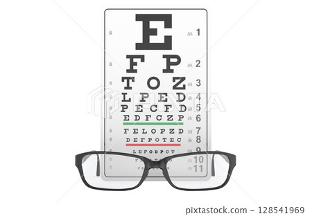 Eyeglasses and vision test chart. 3D rendering 128541969
