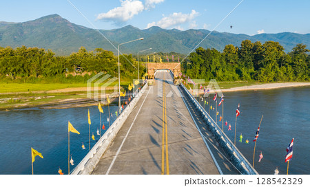Cement bridge over Omkoi river in Northern Thailand. Cement bridge is very stronger for transportation, travel and development. 128542329