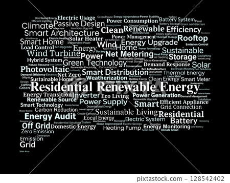 Residential Renewable Energy Word Cloud. Key Concepts for Home Power and Sustainability Residential Renewable Energy Word Cloud. Key Concepts for Home Power and Sustainability 128542402
