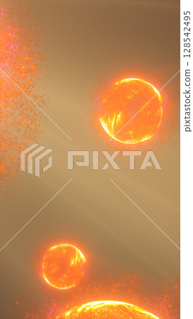 Abstract glowing orange spheres radiating energy and surrounded by floating particles in a cosmic scene 128542495